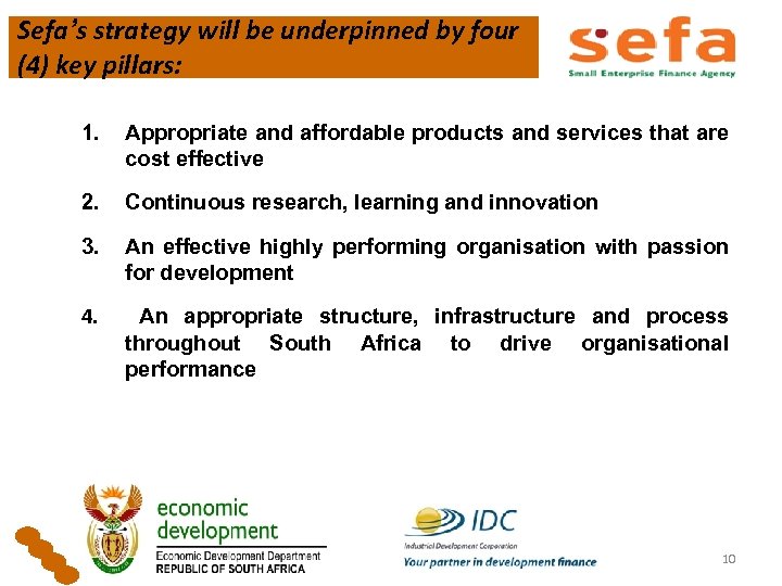 Sefa’s strategy will be underpinned by four (4) key pillars: 1. Appropriate and affordable