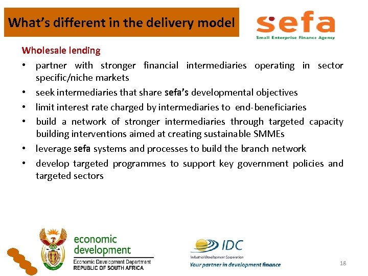 What’s different in the delivery model Wholesale lending • partner with stronger financial intermediaries