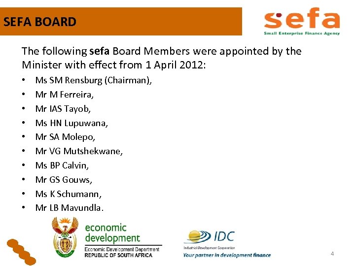 SEFA BOARD The following sefa Board Members were appointed by the Minister with effect