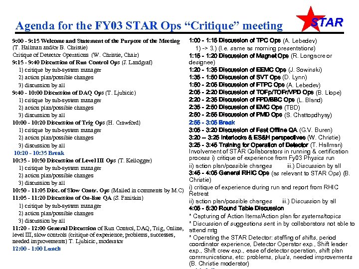 Agenda for the FY 03 STAR Ops “Critique” meeting 9: 00 - 9: 15