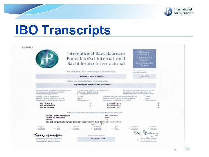 IBO Transcripts © International Baccalaureate Organization 2007 