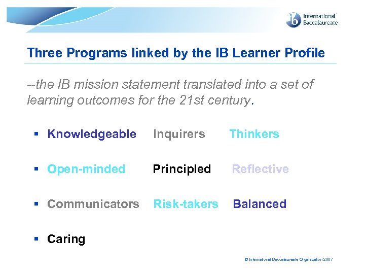 Three Programs linked by the IB Learner Profile --the IB mission statement translated into