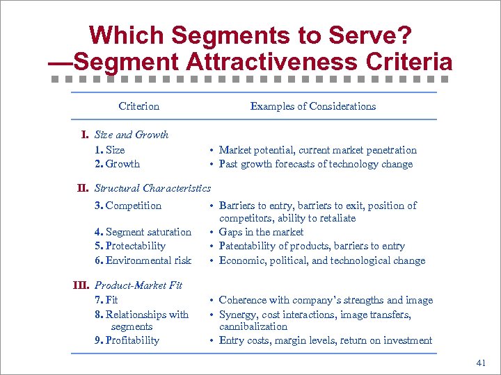 Which Segments to Serve? —Segment Attractiveness Criteria Criterion I. Size and Growth 1. Size