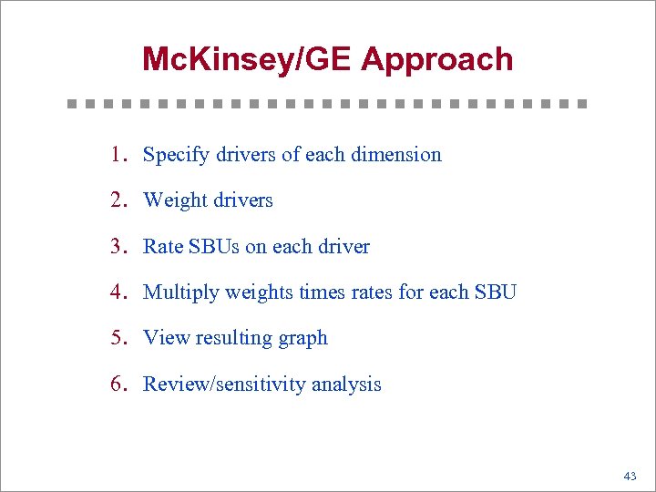 Mc. Kinsey/GE Approach 1. Specify drivers of each dimension 2. Weight drivers 3. Rate