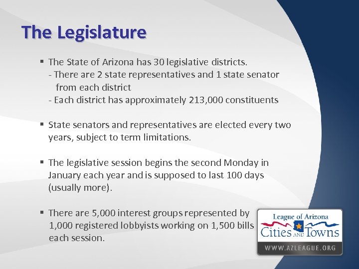 The Legislature § The State of Arizona has 30 legislative districts. - There are