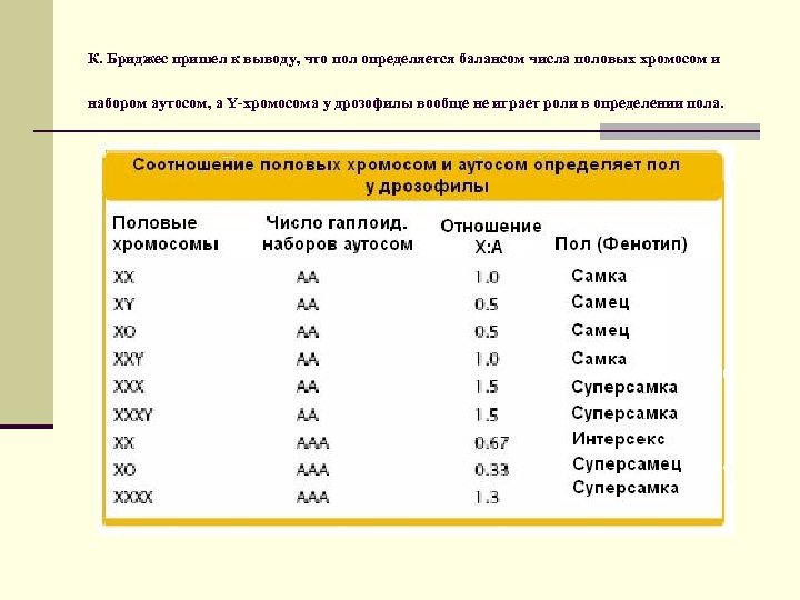 К. Бриджес пришел к выводу, что пол определяется балансом числа половых хромосом и набором
