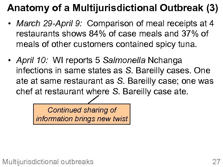 Anatomy of a Multijurisdictional Outbreak (3) • March 29 -April 9: Comparison of meal