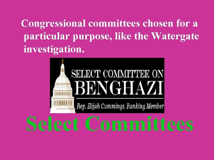  Congressional committees chosen for a particular purpose, like the Watergate investigation. Select Committees
