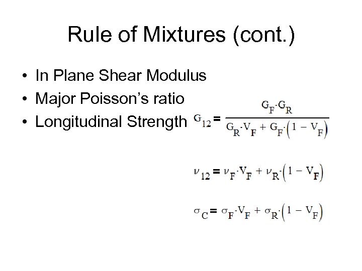 Rule of Mixtures (cont. ) • In Plane Shear Modulus • Major Poisson’s ratio