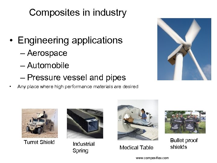 Composites in industry • Engineering applications – Aerospace – Automobile – Pressure vessel and