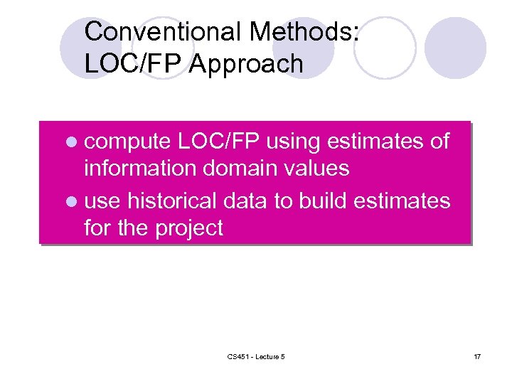Conventional Methods: LOC/FP Approach l compute LOC/FP using estimates of information domain values l