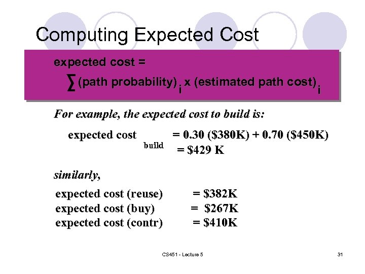 Computing Expected Cost expected cost = (path probability) x (estimated path cost) i i