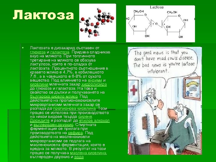 Лактоза § Лактозата е дизахарид съставен от глюкоза и галактоза. Придава сладникав вкус на