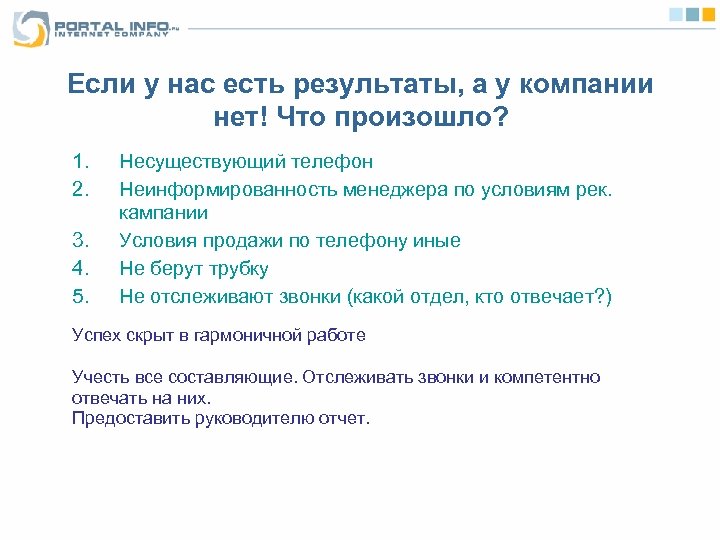 Если у нас есть результаты, а у компании нет! Что произошло? 1. 2. 3.