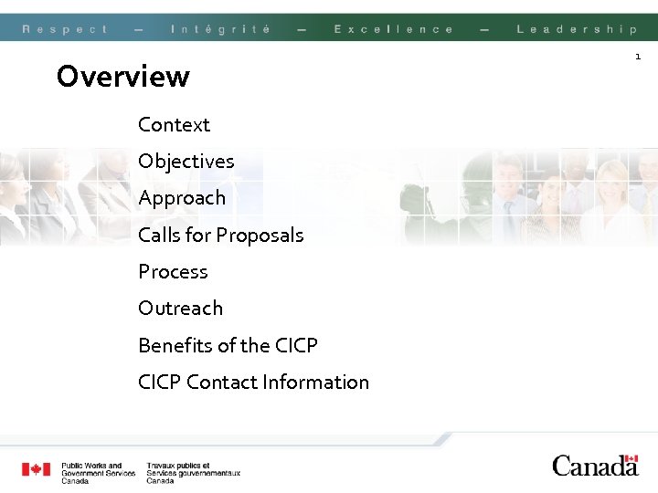 Overview Context Objectives Approach Calls for Proposals Process Outreach Benefits of the CICP Contact