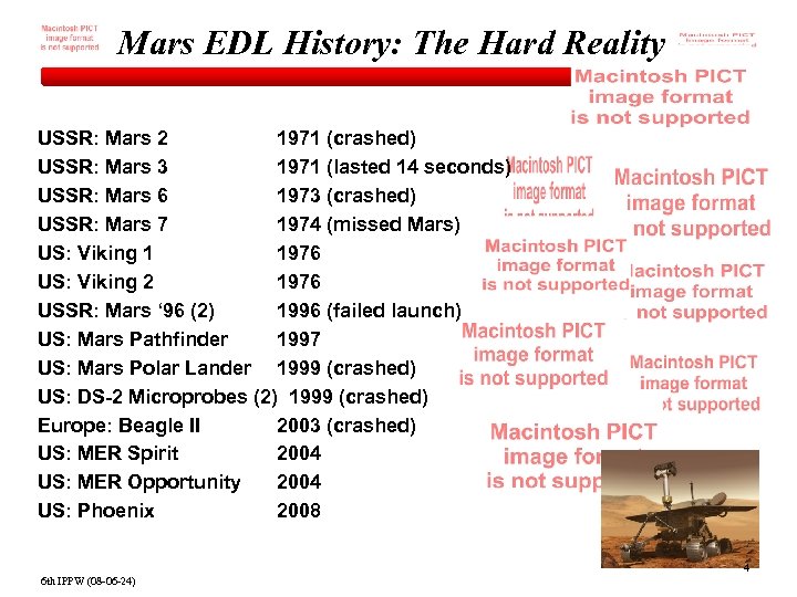 Mars EDL History: The Hard Reality USSR: Mars 2 1971 (crashed) USSR: Mars 3