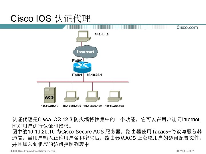 Cisco IOS 认证代理是Cisco IOS 12. 3 防火墙特性集中的一个功能，它可以在用户访问Internet 时对用户进行认证和授权。 图中的10. 20. 10 为Cisco Secure ACS