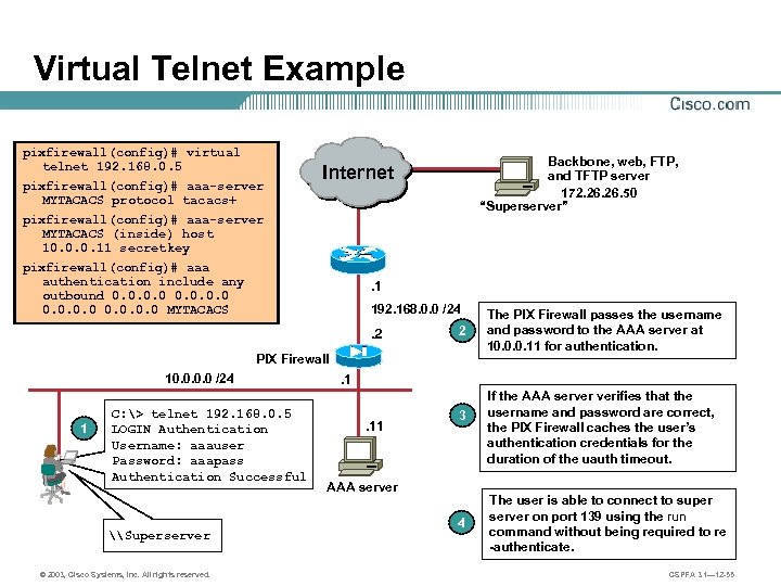 Virtual Telnet Example pixfirewall(config)# virtual telnet 192. 168. 0. 5 pixfirewall(config)# aaa-server MYTACACS protocol