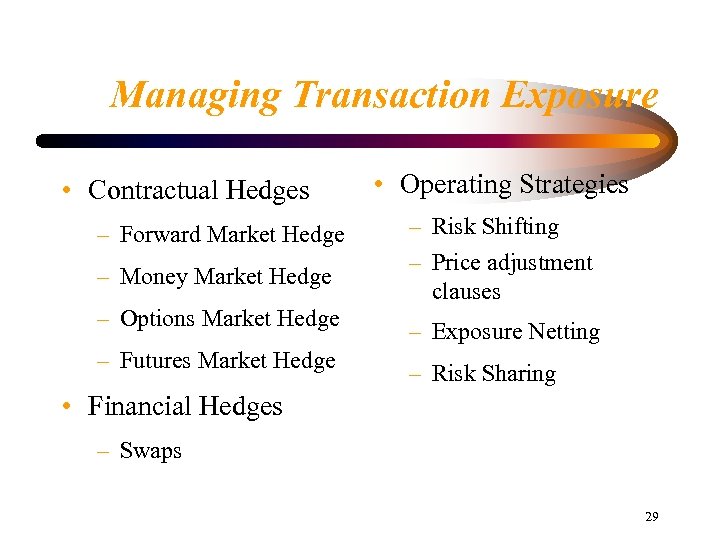 Managing Transaction Exposure • Contractual Hedges – Forward Market Hedge – Money Market Hedge