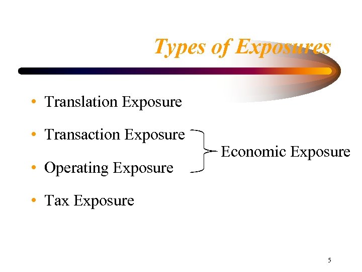 Types of Exposures • Translation Exposure • Transaction Exposure • Operating Exposure Economic Exposure