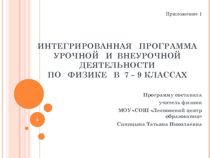Приложение 1 ИНТЕГРИРОВАННАЯ ПРОГРАММА УРОЧНОЙ И ВНЕУРОЧНОЙ ДЕЯТЕЛЬНОСТИ ПО ФИЗИКЕ В 7 – 9