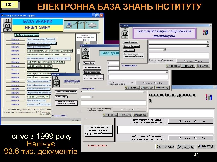 НІФП ЕЛЕКТРОННА БАЗА ЗНАНЬ ІНСТИТУТУ Існує з 1999 року Налічує 93, 6 тис. документів