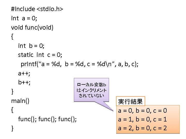 #include <stdio. h> int a = 0; void func(void) { int b = 0;