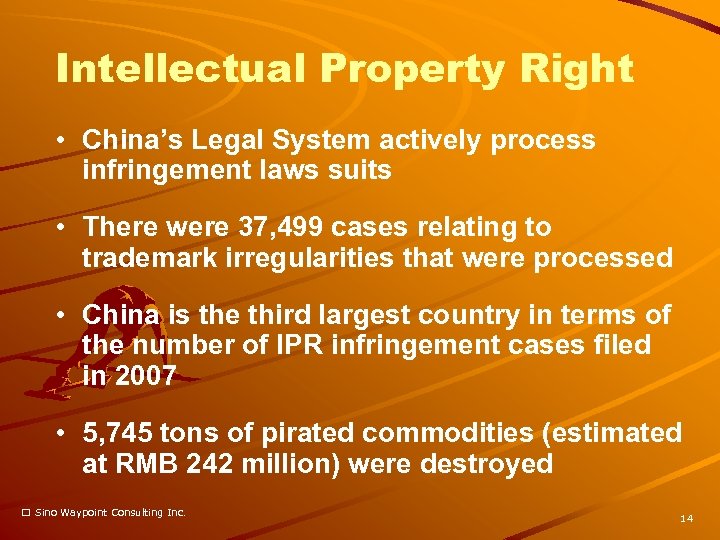 Intellectual Property Right • China’s Legal System actively process infringement laws suits • There