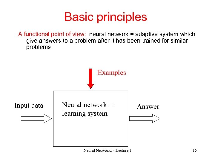 Basic principles A functional point of view: neural network = adaptive system which give