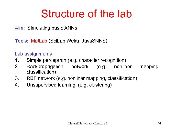 Structure of the lab Aim: Simulating basic ANNs Tools: Mat. Lab (Sci. Lab, Weka,
