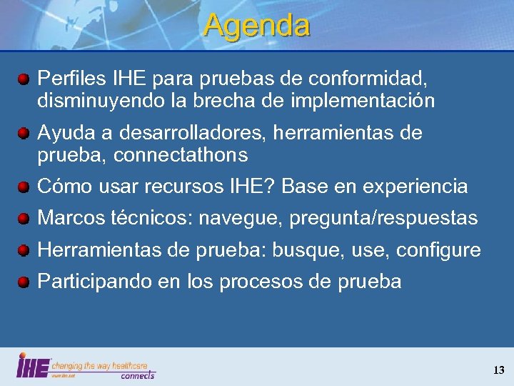 Agenda Perfiles IHE para pruebas de conformidad, disminuyendo la brecha de implementación Ayuda a