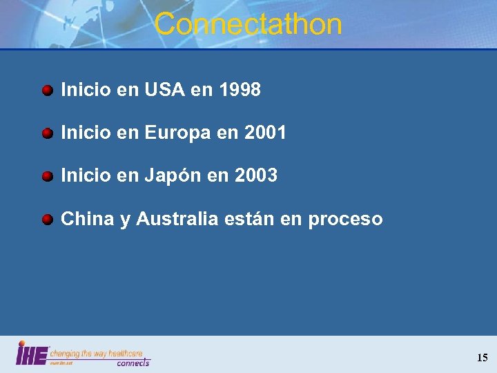 Connectathon Inicio en USA en 1998 Inicio en Europa en 2001 Inicio en Japón