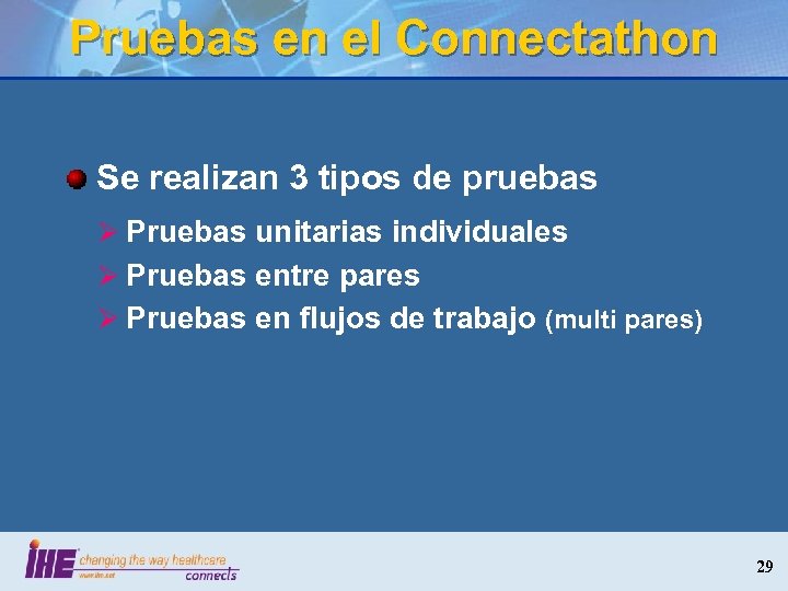 Pruebas en el Connectathon Se realizan 3 tipos de pruebas Ø Pruebas unitarias individuales