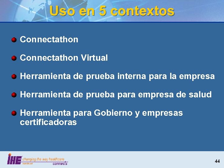 Uso en 5 contextos Connectathon Virtual Herramienta de prueba interna para la empresa Herramienta