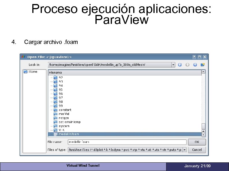 Proceso ejecución aplicaciones: Para. View 4. Cargar archivo. foam Virtual Wind Tunnel January 21/09