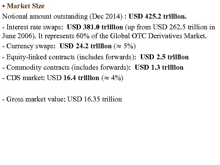  • Market Size Notional amount outstanding (Dec 2014) : USD 425. 2 trillion.