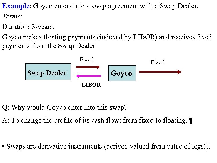 Example: Goyco enters into a swap agreement with a Swap Dealer. Terms: Duration: 3