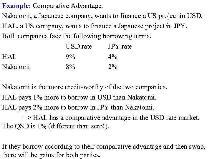 Example: Comparative Advantage. Nakatomi, a Japanese company, wants to finance a US project in