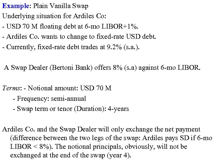 Example: Plain Vanilla Swap Underlying situation for Ardiles Co: - USD 70 M floating