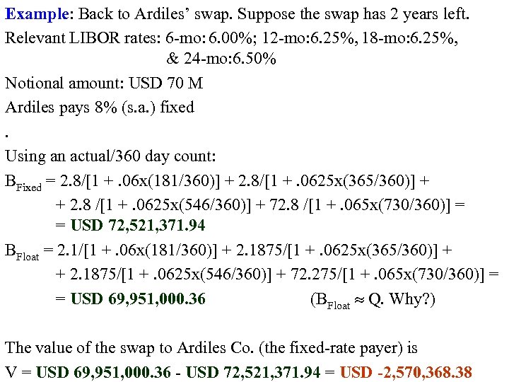 Example: Back to Ardiles’ swap. Suppose the swap has 2 years left. Relevant LIBOR