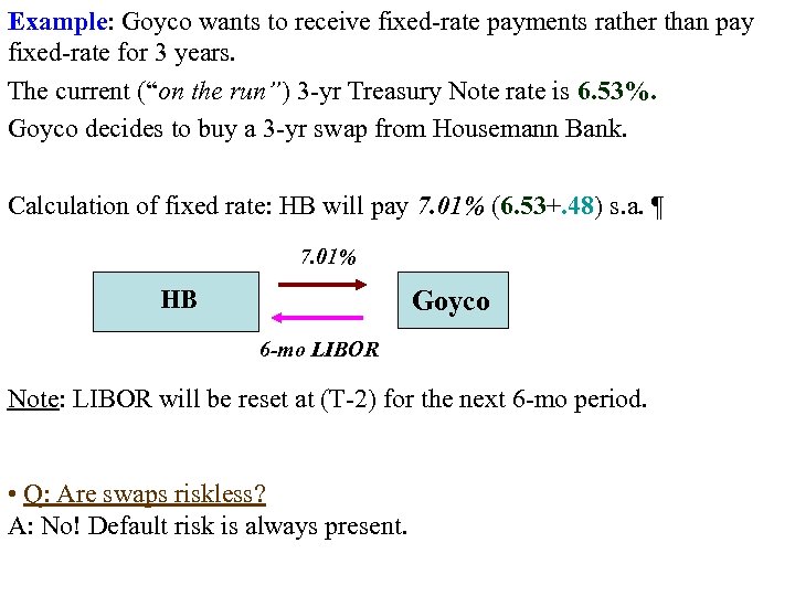 Example: Goyco wants to receive fixed-rate payments rather than pay fixed-rate for 3 years.