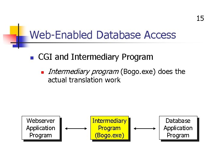 15 Web-Enabled Database Access n CGI and Intermediary Program n Intermediary program (Bogo. exe)