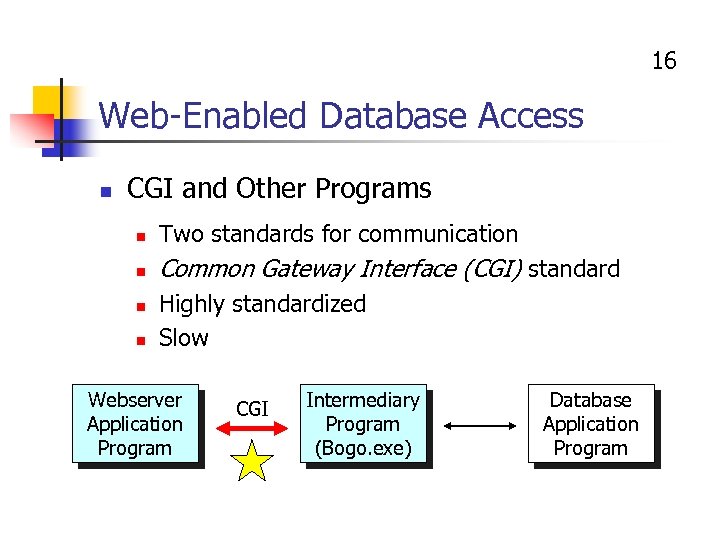 16 Web-Enabled Database Access n CGI and Other Programs n Two standards for communication