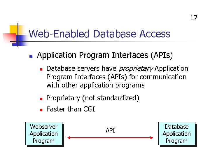17 Web-Enabled Database Access n Application Program Interfaces (APIs) n Database servers have proprietary