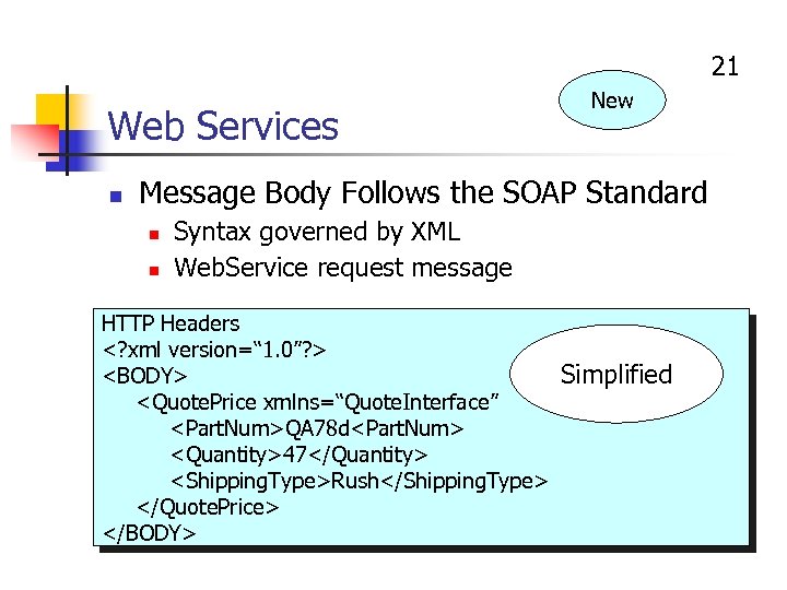 21 Web Services n New Message Body Follows the SOAP Standard n n Syntax