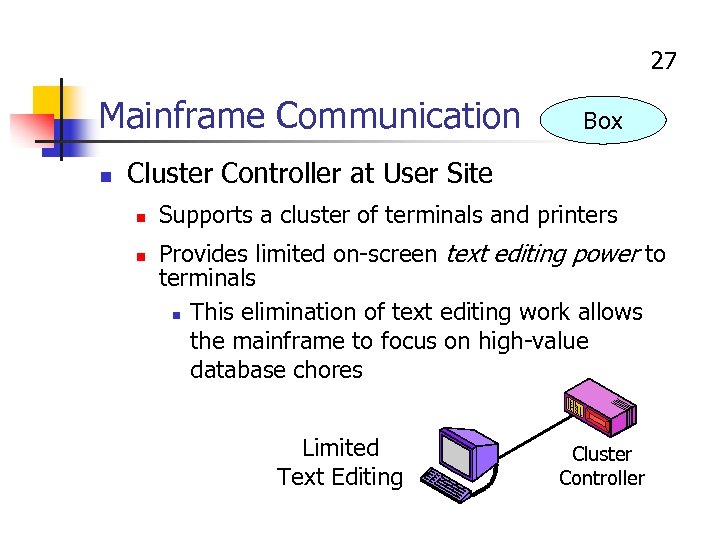 27 Mainframe Communication n Box Cluster Controller at User Site n n Supports a