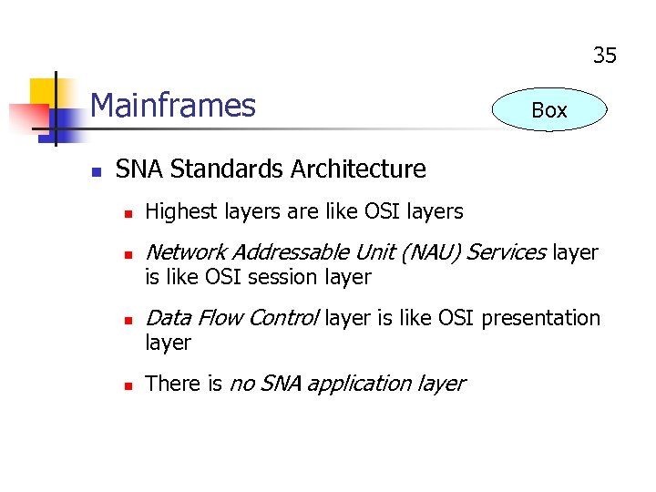35 Mainframes n Box SNA Standards Architecture n Highest layers are like OSI layers
