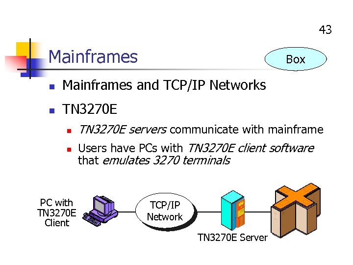 43 Mainframes Box n Mainframes and TCP/IP Networks n TN 3270 E n n