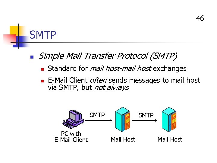 46 SMTP n Simple Mail Transfer Protocol (SMTP) n n Standard for mail host-mail