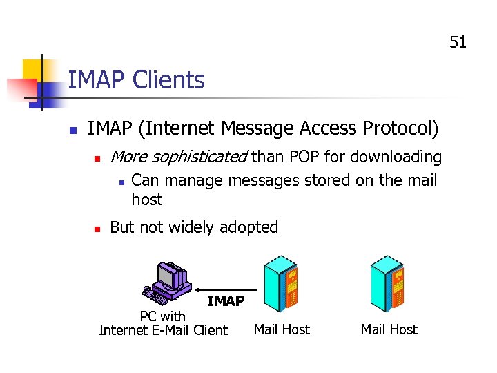51 IMAP Clients n IMAP (Internet Message Access Protocol) n More sophisticated than POP